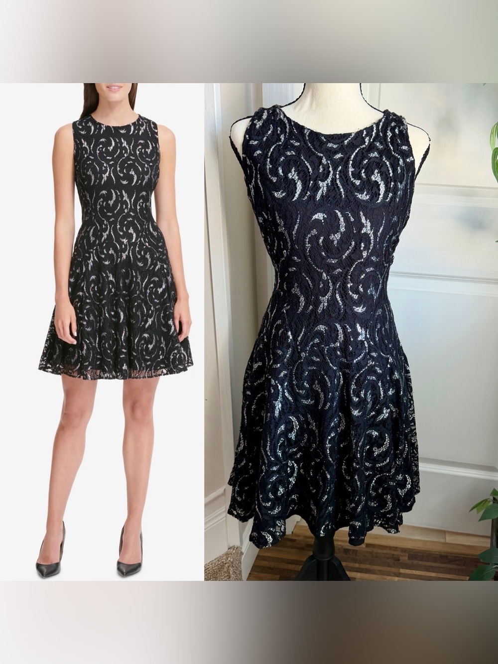 Tommy Hilfiger Silver Metallic Lace Fit & Flare Dress Black Sz 8